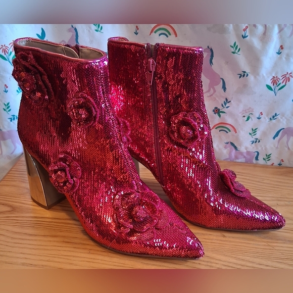 Betsey Johnson Shoes - NWOT Betsey Johnson Finlee Pink Sequin & Metallic Rosette GoGo Boots SZ 8.5M